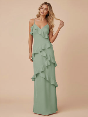 V Neck Spaghetti Straps Ruffles Chiffon Sheath Bridesmaid Dresses