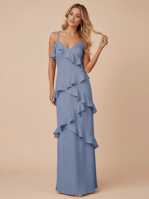 V Neck Spaghetti Straps Ruffles Chiffon Sheath Bridesmaid Dresses