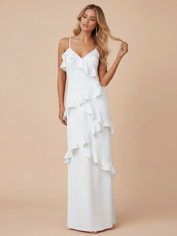 V Neck Spaghetti Straps Ruffles Chiffon Sheath Bridesmaid Dresses