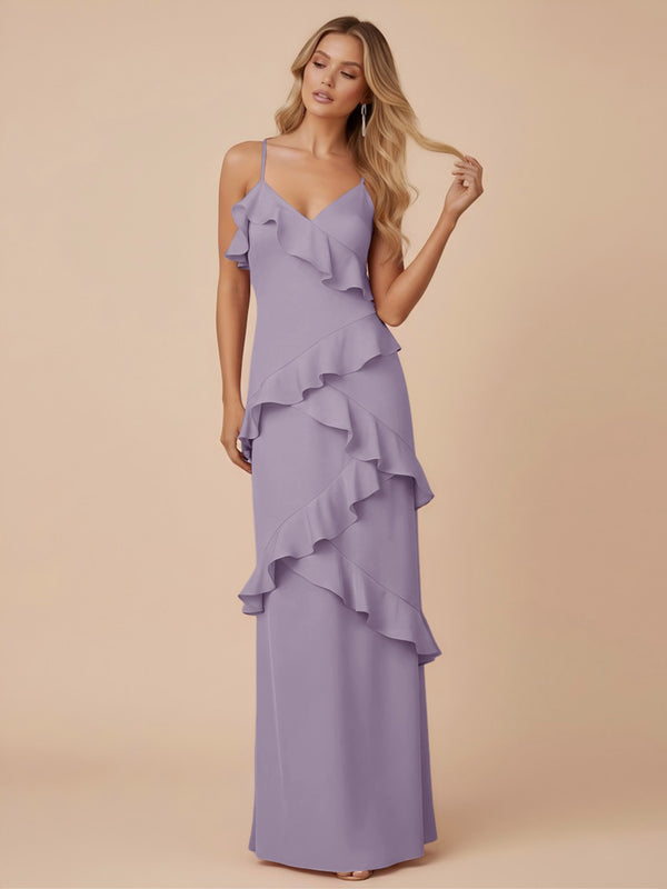 V Neck Spaghetti Straps Ruffles Chiffon Sheath Bridesmaid Dresses