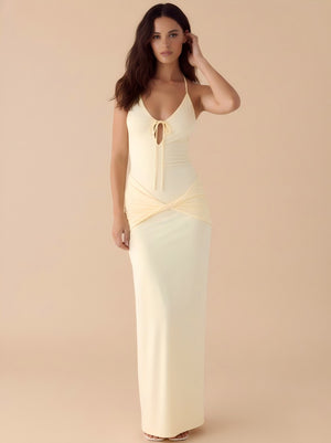 V Neck Spaghetti Straps Cut Out Pleated Chiffon Wedding Guest Dresses