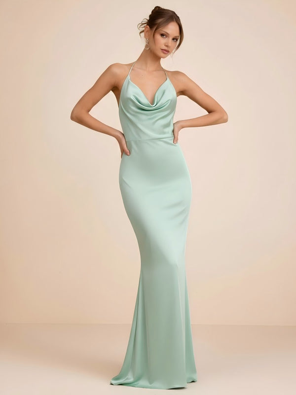 Mermaid Pleated Cowl Neck Satin Sleeveless Bridesmaid Dresses