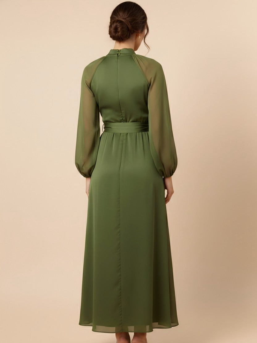 Bow Long Sleeves Chiffon Corset Bow A Line Wedding Guest Dresses