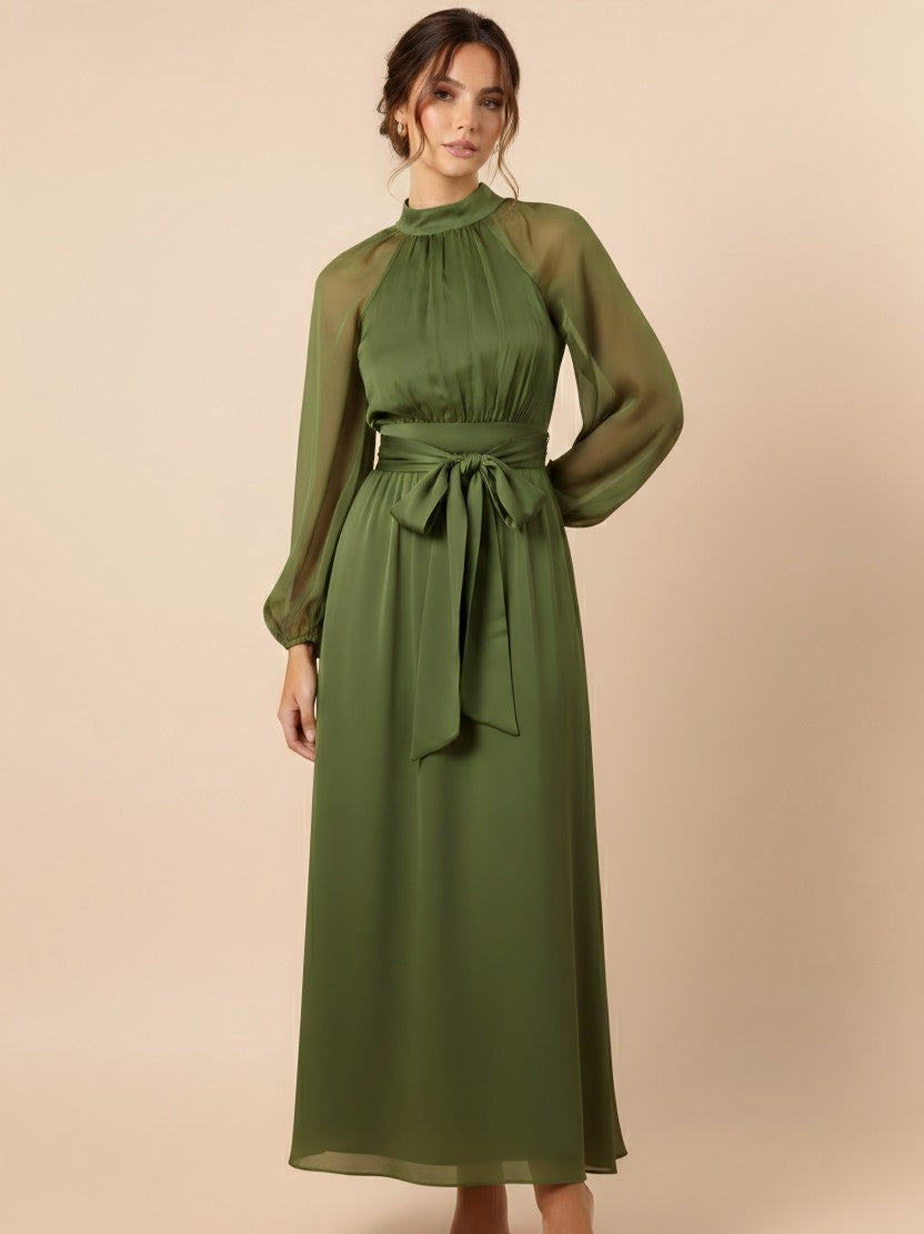 Bow Long Sleeves Chiffon Corset Bow A Line Wedding Guest Dresses