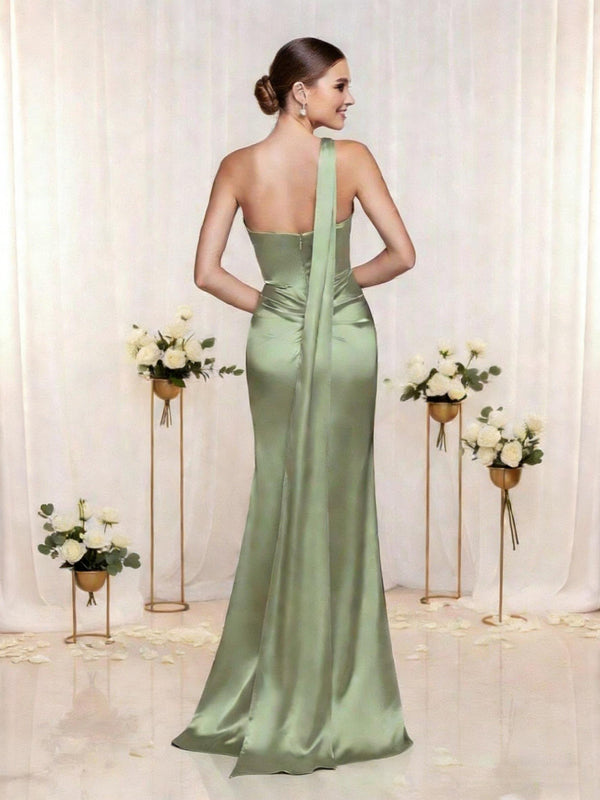 Satin One Shoulder Mermaid Bridesmaid Dresses with Slit