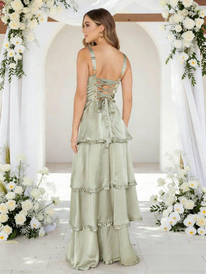 Satin A Line Spaghetti Straps Long Bridesmaid Dresses