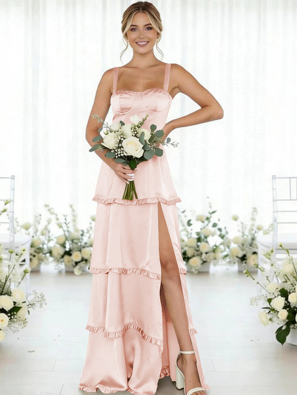 Satin A Line Spaghetti Straps Long Bridesmaid Dresses