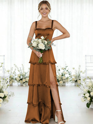 Satin A Line Spaghetti Straps Long Bridesmaid Dresses