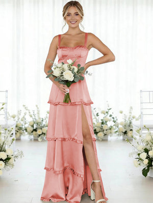 Satin A Line Spaghetti Straps Long Bridesmaid Dresses