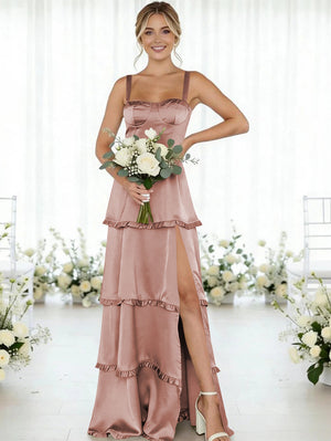 Satin A Line Spaghetti Straps Long Bridesmaid Dresses
