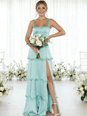 Satin A Line Spaghetti Straps Long Bridesmaid Dresses
