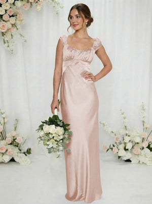 Satin Simple Spaghetti Straps Long Bridesmaid Dresses