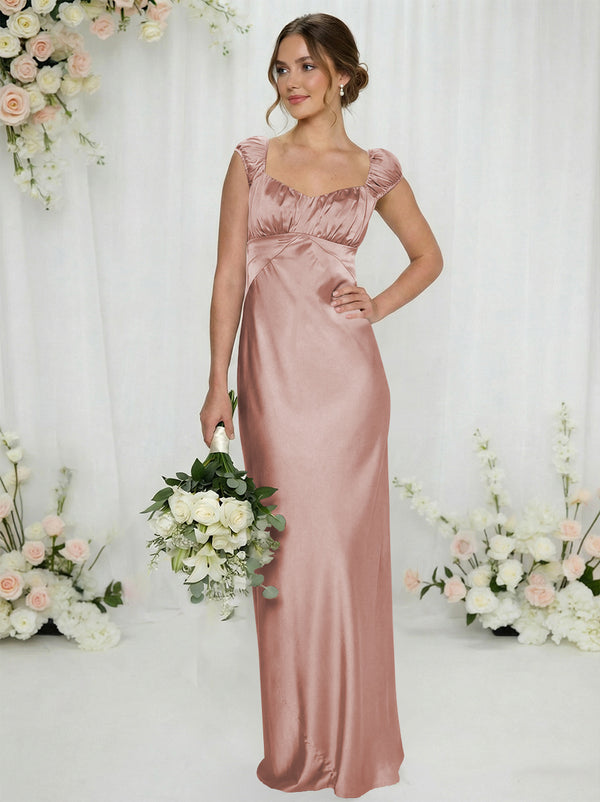 Satin Simple Spaghetti Straps Long Bridesmaid Dresses