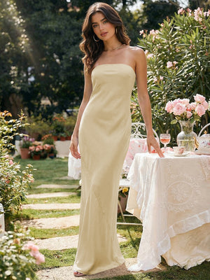Satin Simple Strapless Long Bridesmaid Dresses