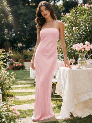 Satin Simple Strapless Long Bridesmaid Dresses