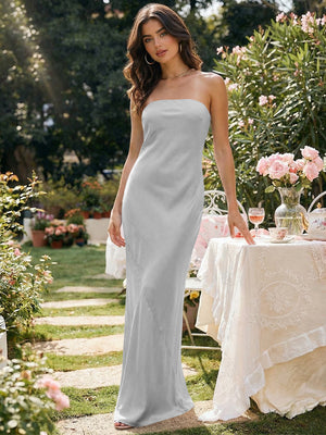 Satin Simple Strapless Long Bridesmaid Dresses