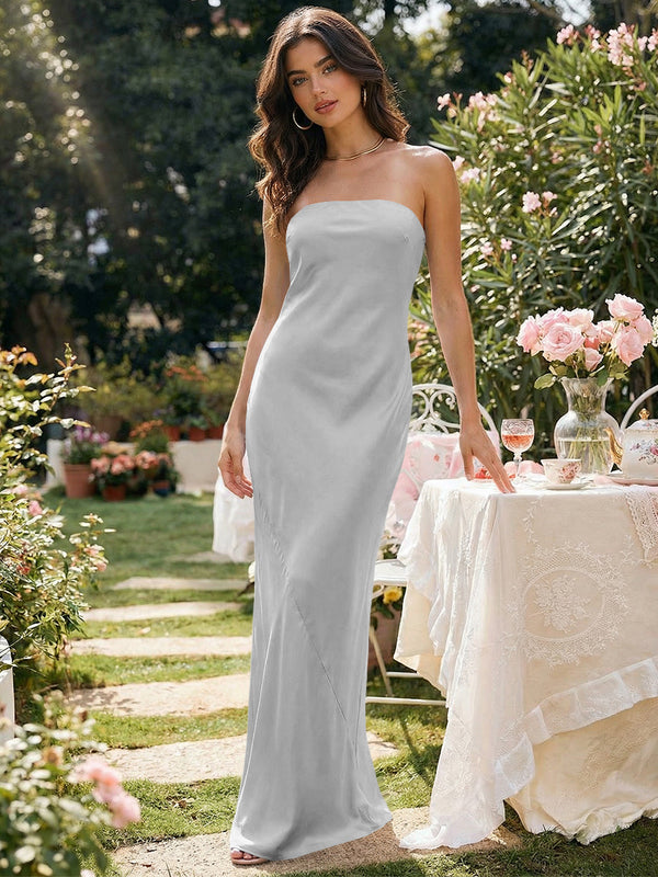Satin Simple Strapless Long Bridesmaid Dresses