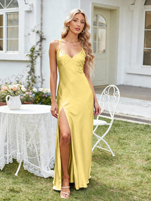 Satin A Line V Neck Long Bridesmaid Dresses Backless