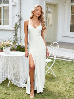 Satin A Line V Neck Long Bridesmaid Dresses Backless