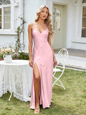 Satin A Line V Neck Long Bridesmaid Dresses Backless