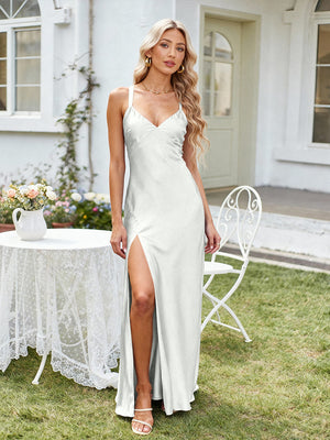 Satin A Line V Neck Long Bridesmaid Dresses Backless