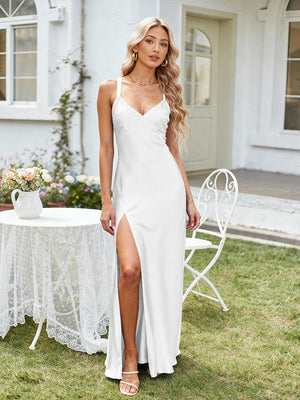 Satin A Line V Neck Long Bridesmaid Dresses Backless