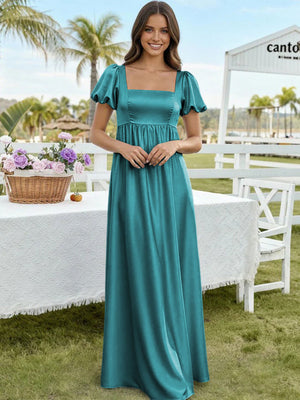 Satin A Line Square Neck Long Bridesmaid Dresses