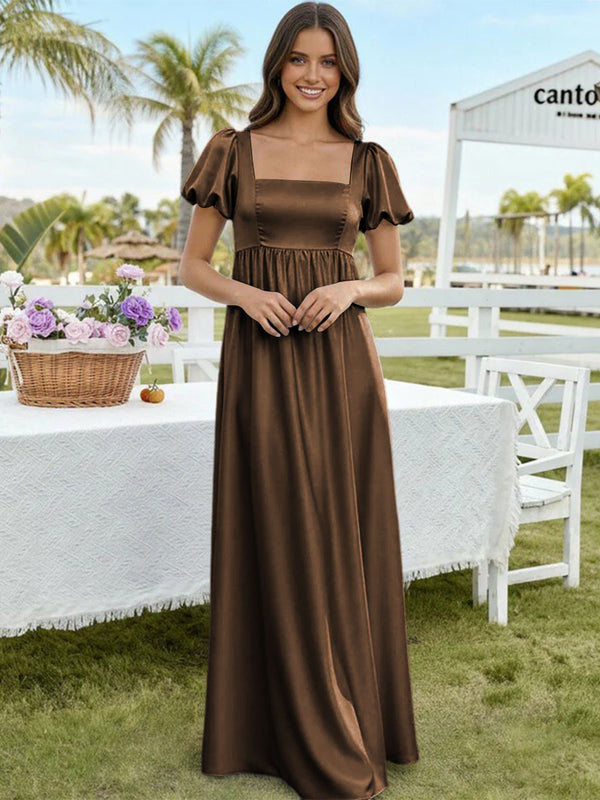 Satin A Line Square Neck Long Bridesmaid Dresses