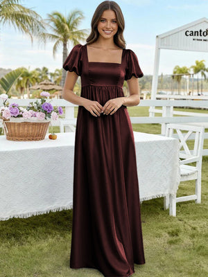 Satin A Line Square Neck Long Bridesmaid Dresses