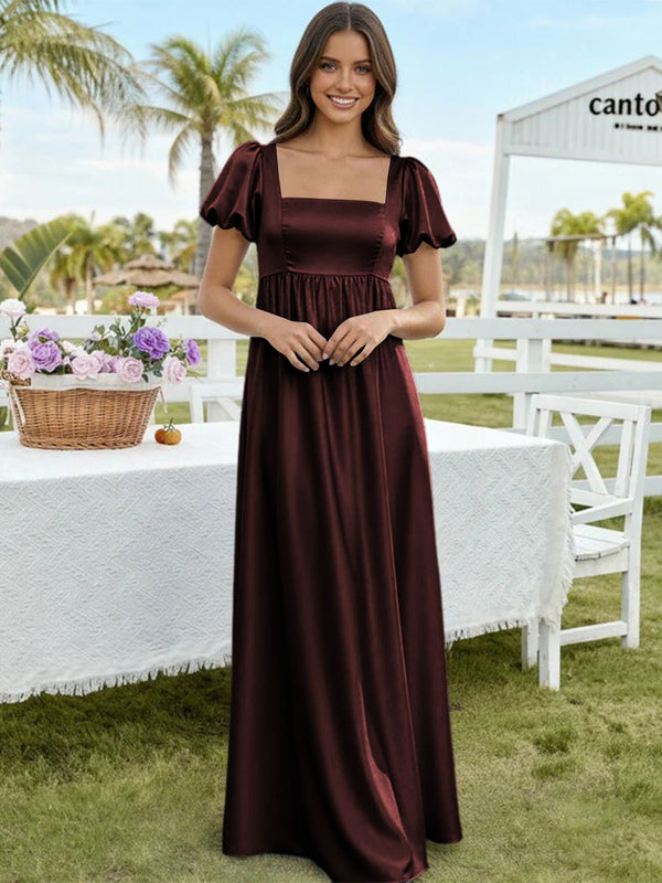 Satin A Line Square Neck Long Bridesmaid Dresses