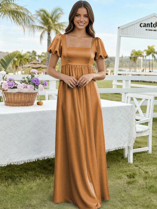 Satin A Line Square Neck Long Bridesmaid Dresses