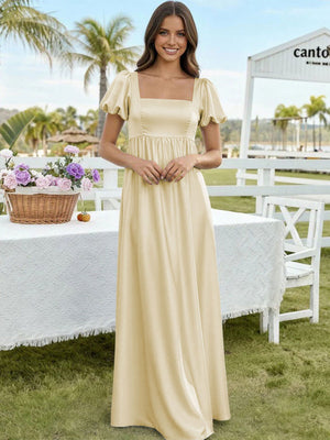 Satin A Line Square Neck Long Bridesmaid Dresses