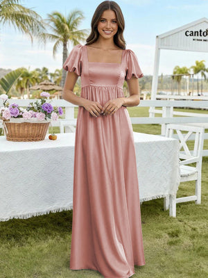 Satin A Line Square Neck Long Bridesmaid Dresses