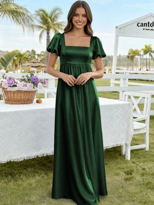 Satin A Line Square Neck Long Bridesmaid Dresses
