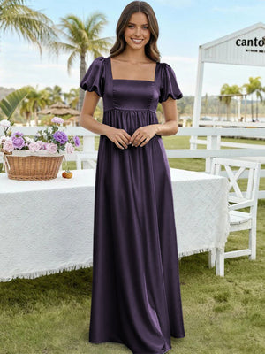 Satin A Line Square Neck Long Bridesmaid Dresses