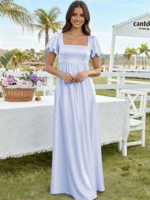 Satin A Line Square Neck Long Bridesmaid Dresses