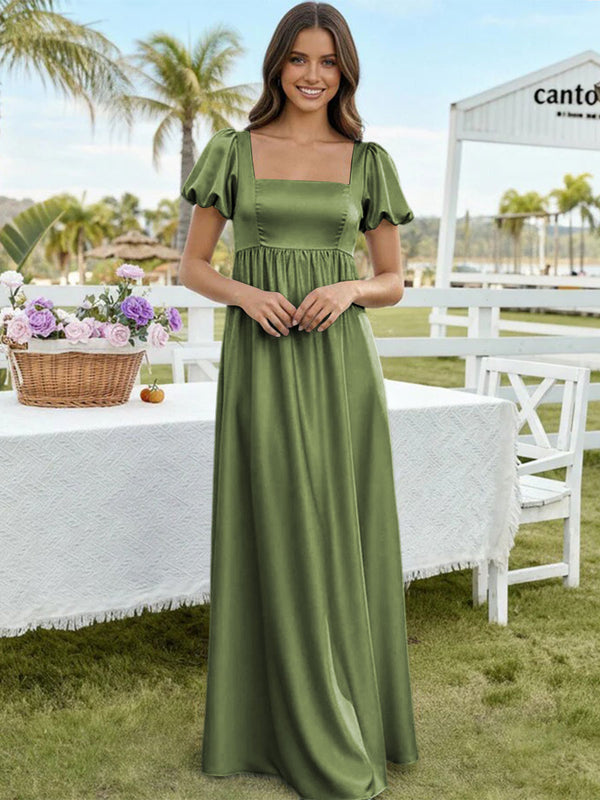 Satin A Line Square Neck Long Bridesmaid Dresses