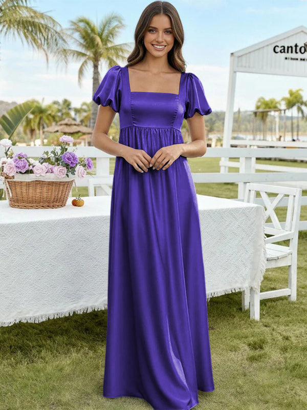 Satin A Line Square Neck Long Bridesmaid Dresses