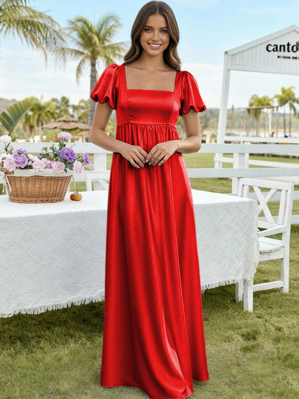 Satin A Line Square Neck Long Bridesmaid Dresses