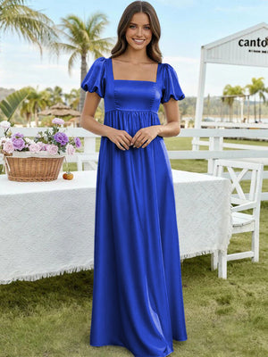 Satin A Line Square Neck Long Bridesmaid Dresses