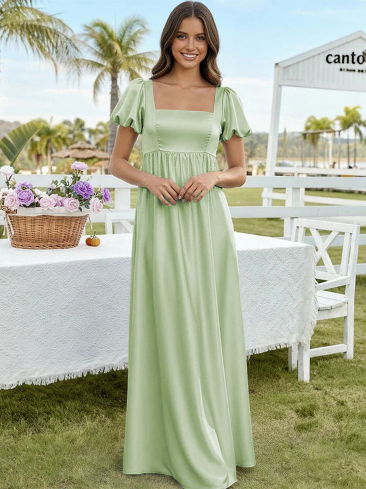Satin A Line Square Neck Long Bridesmaid Dresses