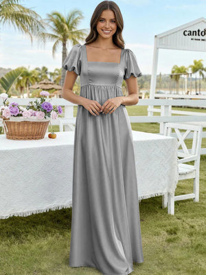Satin A Line Square Neck Long Bridesmaid Dresses