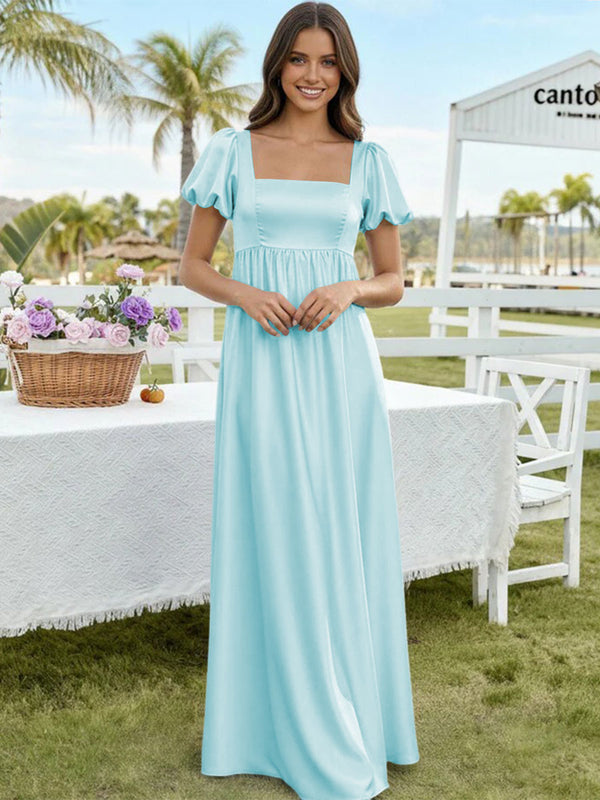 Satin A Line Square Neck Long Bridesmaid Dresses