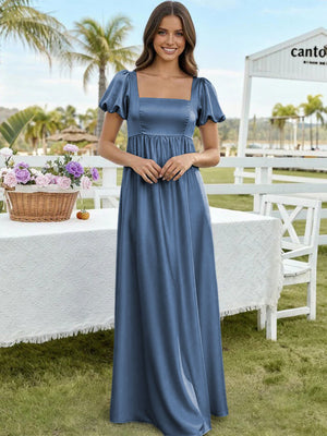 Satin A Line Square Neck Long Bridesmaid Dresses