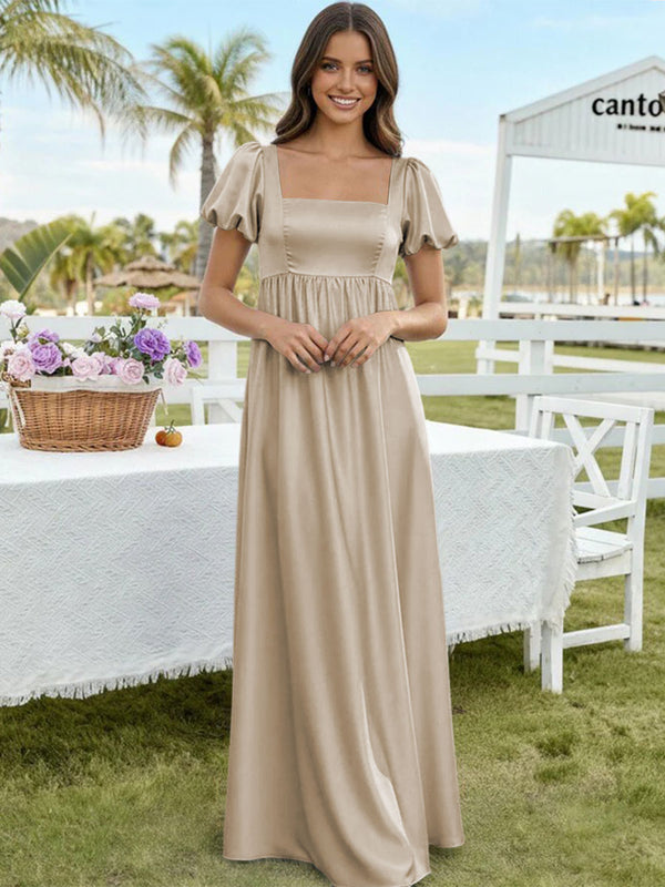 Satin A Line Square Neck Long Bridesmaid Dresses