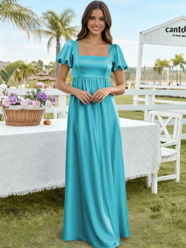 Satin A Line Square Neck Long Bridesmaid Dresses
