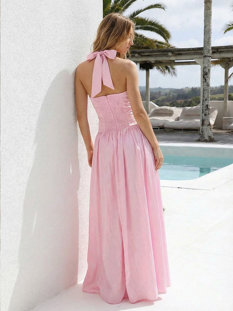 Satin A Line Halter Long Bridesmaid Dresses