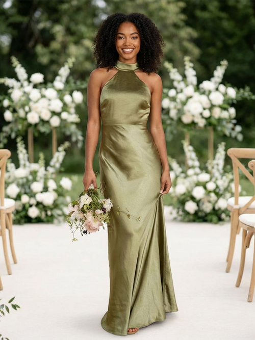 Satin Mermaid Halter Long Bridesmaid Dresses