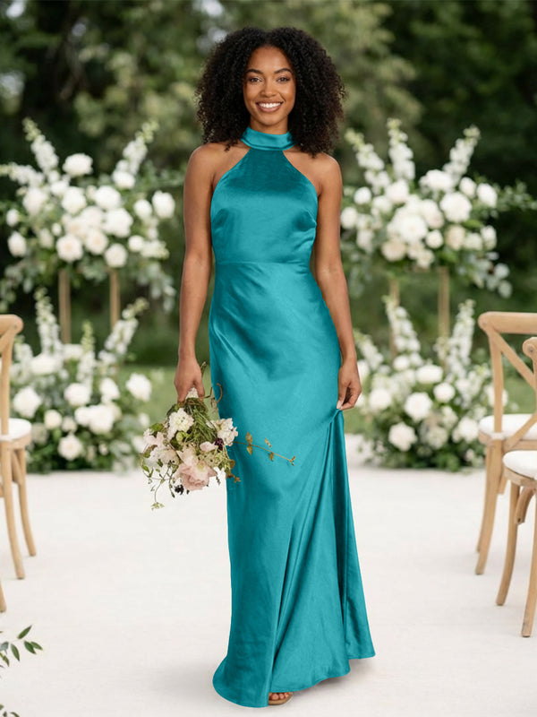 Satin Mermaid Halter Long Bridesmaid Dresses