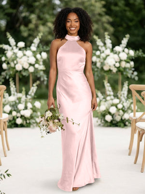Satin Mermaid Halter Long Bridesmaid Dresses